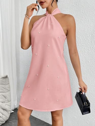 Image of Floerns Women's Pearl Beaded Halter Twist Sleeveless Tie Back Dress A Line Dress