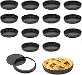 JEUIHAU Lot de 16 mini moules à tarte ronds cannelés en acier au carbone anti-adhésif avec base amovible pour quiches, flans, cheesecakes - 12 cm