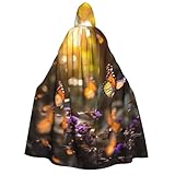 DUWAA Violet-Gold Butterflies2 Print Hooded Robe Halloween Cosplay Costume Robe Cloak Cape Wizard Raven Cosplay Costume