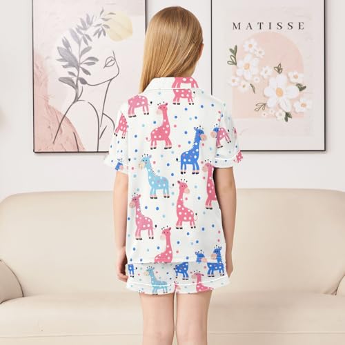 ALAZA Blue Giraffe Polka Dots Pajamas Satin Pajama Set Short Sleeve Button Down Sleepwear4