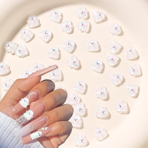 50Pcs Cute Halloween Nail Charms 3D White Ghost Nail Art Charms Resin Halloween Nail Rhinestones for Acrylic Nails Funny Ghost Nail Gems Jewelry for Women DIY Halloween Nail Salon Accessories