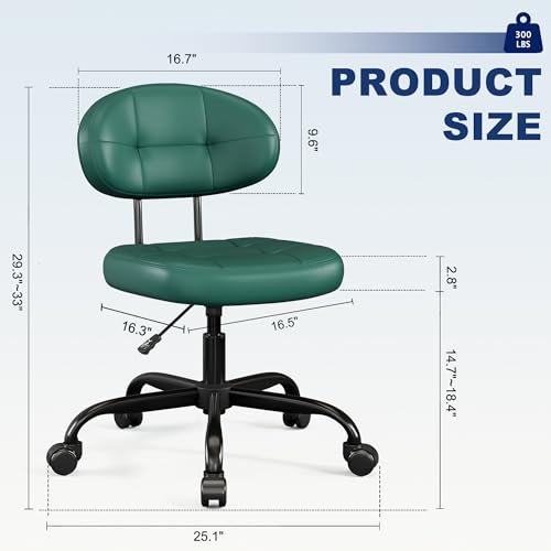 Image of Misolant Vanity Chair with back, Small Armless Cute office Chair with wheels and Lumbar support, Comfy PU Leather Desk Computer Chairs with Adjustable Height, 360Swivel for Home Bedroom Office, Green