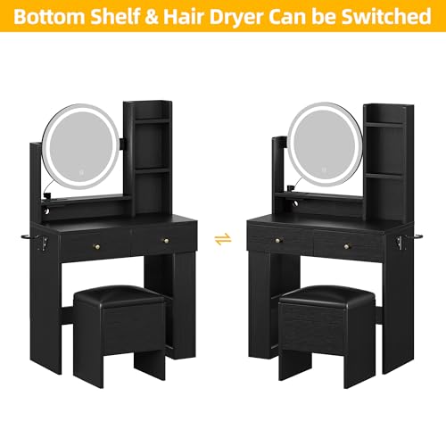 DWVO LED Makeup Vanity Desk with Charger Station and Adjustable 3 Color Lighting Mode Mirror, Black Vanity Set with Chair for Bedroom, Space Saving Vanity Desk Makeup Table for Women