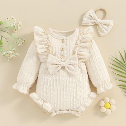 ZAXARRA Infant Baby Girls Fall Outfits Button Front Ruffle Long Sleeve One piece Rompers Cute Newborn Headband Clothing Sets3