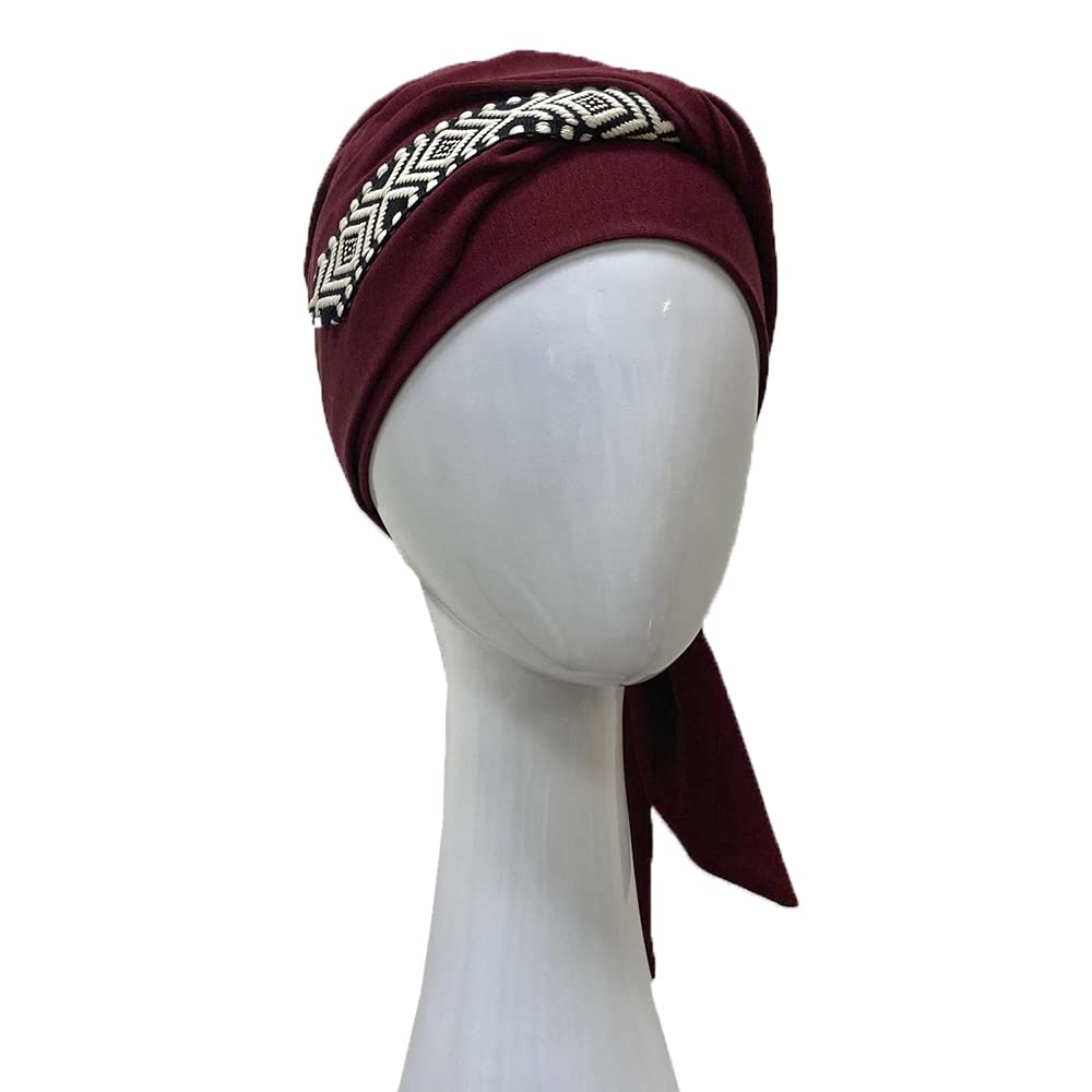 CAREBELL Turbante oncológico Smooth Ikat Burdeos de Bambú para la pérdida de Cabello Headwear