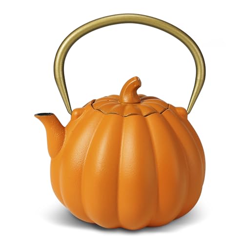 Image of VICSKY Orange Pumpkin Cast Iron Teapot, Natural Pumpkin Color, Japanese Cast Iron Tea Kettle Stovetop Safe with Infuser, Cute Creative Pumpkin Halloween Teapot(40oz /1200ml, Orange)