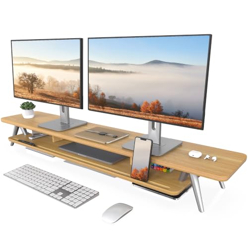 Fenge Dual Monitor Stand Riser, Wooden Desk Shelf with 2-Tier Storage