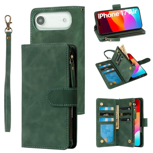 RANYOK Wallet Case Compatible with iPhone 17 Air Case, with 6 Card Holder RFID Blocking, PU Leather Zipper Flip Wallet Pocket, Kickstand, Wrist Strap | Protective Phone Cover for 17 Air,Black Green by RANYOK - Used condition - US$5.95