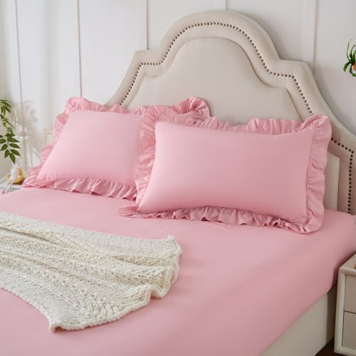 Image of Homiest 3-Pieces Ruffle Pillow Case & Fitted Sheet Set, Light Pink Queen Sheets with 2 Ruffled Pillow Shams, 15 Inch Deep Pocket, Cute & Coquette Microfiber Bed Set for Decorating Bedroom Hotel