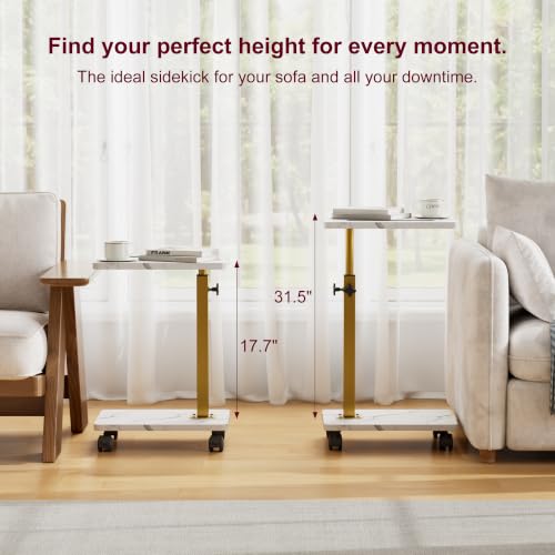 VECELO TV Tray Table for Couch, Adjustable Height & 360°Swivel & with 4 Wheels, C Shaped Snack Table for Sofa, Bed, Small Space, Marbling White & Golden by VECELO - Used condition - Image 3
