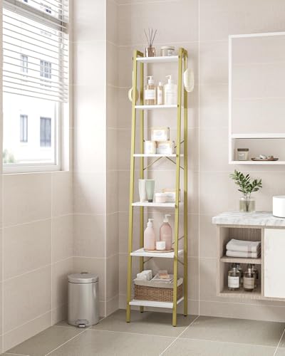 Image of Hzuaneri Ladder Shelf, Bookshelf Bookcase, Freestanding Corner Storage Shelve with 2 Hooks for Home Office, Living Room, Kitchen, Bedroom, Industrial, 6-Tier White Gold BC13313G