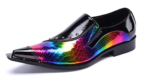 Santimon Mens Loafer Shoes Formal Dress Prom Rainbow Burnished Genuine Leather Lined Rivet Metal Cap Tip Sleek Luxury Party Shoes2