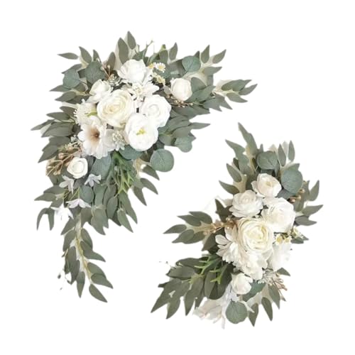 Zxpjkyu 2 Pièces Fleurs d'Arche de Mariage Artificielles Suspendues, Arrangement Floral Soie avec Vigne, Feuillage PP et Roses Mousse - Composition Florale pour Réception, Extérieur, Blanc