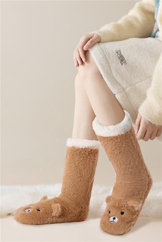 Laahoem Animal Slipper Socks for Girls Women Indoor Shoes With Grippers Winter Warm Thick Plush Lining Non Slip Long Boots Furry Home Socks2