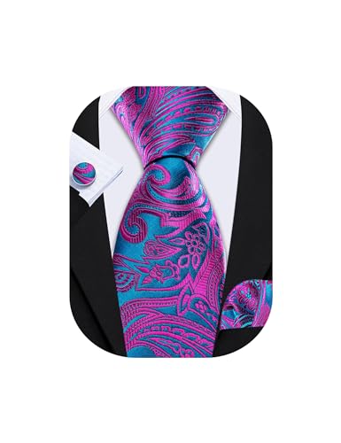 Barry.Wang Men Tie Set Paisley Silk Necktie Pocket Square Cufflinks Formal Wedding Business Party, B Fuchsia Teal, One size
