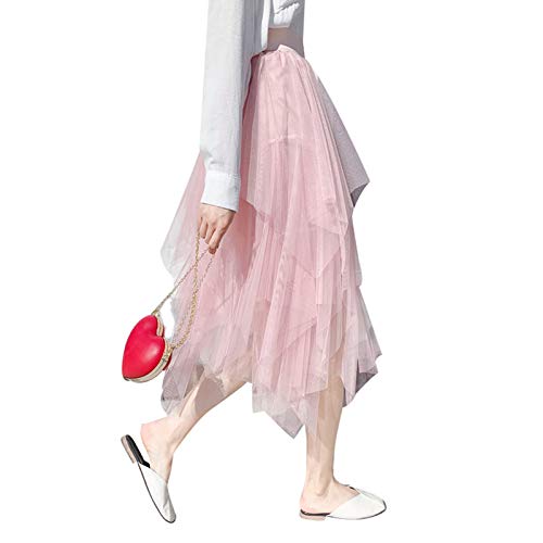 Geagodelia Gonna in Tulle Irregolare da Donna Gonna Longuette a Pieghe Coreana a Vita Alta Gonna Lunga Tutu con Volant Stile Vintage Anni '50 (Rosa, Taglia Unica)