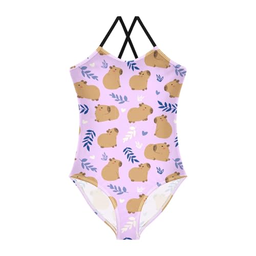 Image of Girls One Piece Swimsuits Cute Capybara Simple Flower Yellow Pattern Cute Swimwear Bathing Suits 3-10T