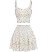 BEAUDRM Girl's 2 Piece Floral Print Sleeveless Shirred Cami Top and Tiered Layer Ruffle Hem Skirt...