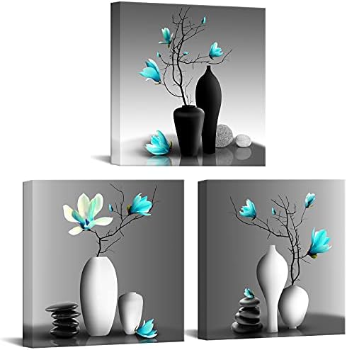 Nachic Wall Modern Flower Painting Teal Orchid Wall Art Framed Set of 3 Zen Stones Turquoise Floral Pictures for Home Living Room Bathroom Spa Decoration Ready to Hang