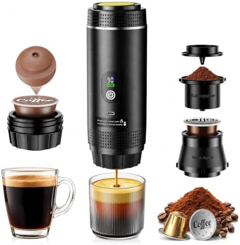 HSSNS Mini Kaffeemaschine für Unterwegs, 3-in-1 Akku Kaffeemaschine mit USB, Auto Espressomaschine, Kompatibel mit Kapseln und Gemahlenem Kaffee, Camping Gadgets für Wohnmobil & Re