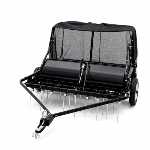 48" Tow-Behind Lawn Sweeper with Dethatcher & 25 Cu.Ft. Hamper for Grass and Leaf Cleanup – Black