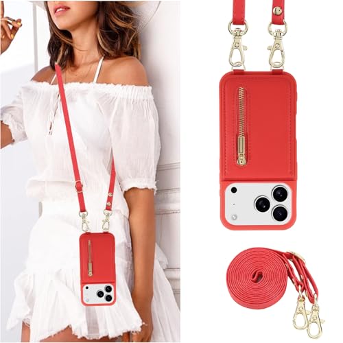 Jcxtrombulous Crossbody Wallet Case for iPhone 17 Pro with Lanyard Strap Card Slot Holder RFID Blocking Kickstand,Magnetic Flip Folio Zipper Purse Case, PU Leather Cover Handbag,Red by Jcxtrombulous - Used condition - Image 6