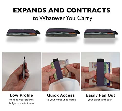 Image of Modern Carry Quick Draw Minimalist Wallet for Men & Women, Elastic Band Minimal Credit Card Holder with Leather Tab, Card Grabber for Long Nails, Money Clip Alternative (Black) (Purple)