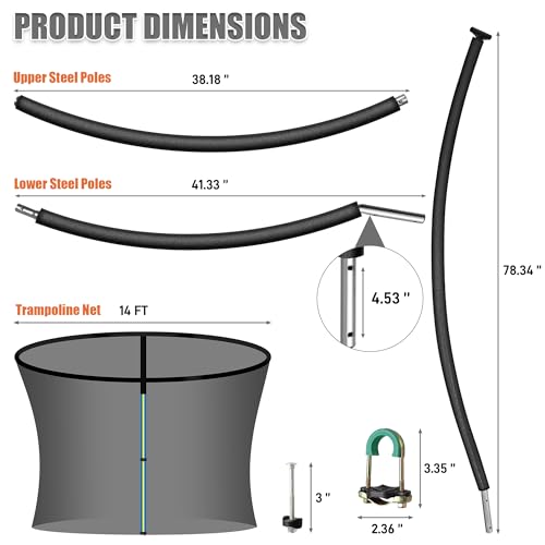 8PCS Trampoline Curved Pole and 14FT Trampoline Replacement Net, Universal Trampoline Enclosure Net with Replacement Pole, Plastic T Connector & Fiberglass Rods Fits 14" Round Frame with 8 Curved Pole by Suninlife - Image 2