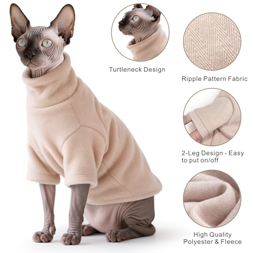 Idepet Sphynx Cat Warm Turtleneck Sweater Hairless Cats Shirt Pullover Kitten T-Shirts Thick Soft Fleece Clothes Cute Outfit Coat Pajamas for Cats and Puppy (Pink, Medium)