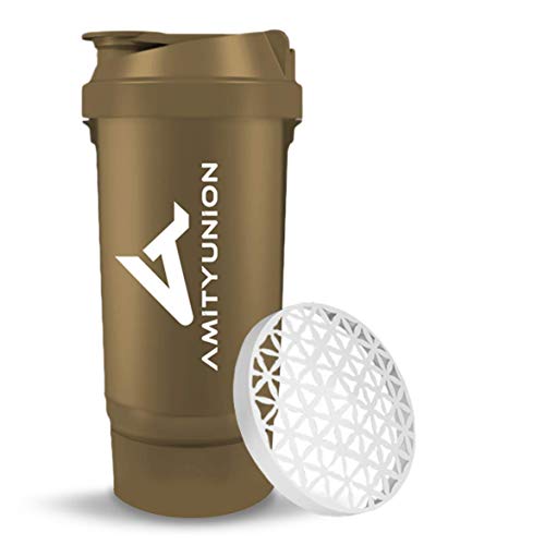 Eiwitshaker FYRA 700 ml met bakje - poedercompartiment - eiwitshaker, BPA vrij met zeef en weegschaal voor wei en BCCA shakes, gym fitness cup voor isolaten en dieetsport concentraten (Goud)