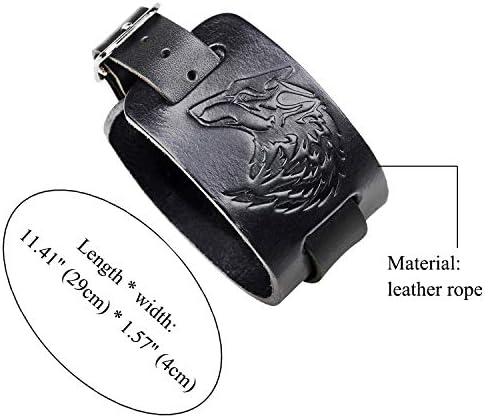 Cupimatch Men's Adjustable Wolf Head Wide Leather Bracelet Dog Tag Pendant Necklace Set, Punk Rock Wrist Belt Cuff Bangle Leather Cord Alloy Military Pendant Necklace Chain Jewelry
