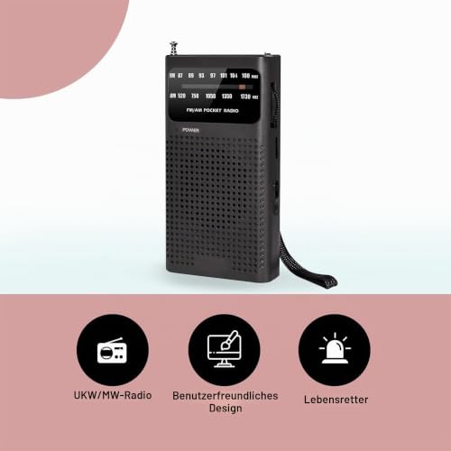 Innovaland Premes Tragbares Notfallradio (AM/FM) – Batteriebetriebener 2-Band-Weltempfänger für Reisen, Camping und Wandern – Kompaktes Radio mit Teleskopantenne, Kopfhöreranschluss und Tragegurt