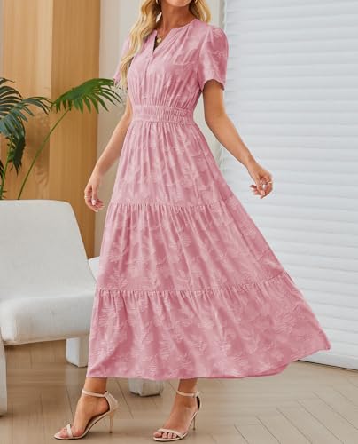 Image of Women's Maxi Dresses Boho Burnout V Neck Short Puff Sleeve Smocked Empire Waist Long Wedding Guest Semi Formal Dress Pockets