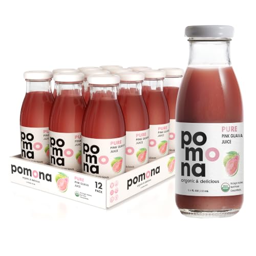 Image of Pomona Organic Juices Pure Pink Guava Juice, 8.4 Ounce Bottle (Pack of 12), Cold Pressed Organic Juice, Non-GMO, No Sugar Added, Not from Concentrate, Gluten Free, Kosher Certified, Preservative Free