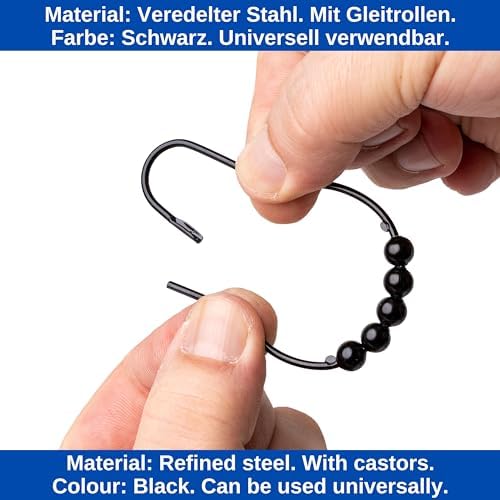 Pierścienie do zasłony prysznicowej, 12 sztuk, czarne, z systemem ślizgowym z kulkami, 7 x 3,9 cm, metalowe, czarne pierścienie, pierścienie do zasłony prysznicowej, haczyki, metalowe pierścienie
