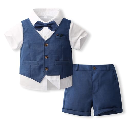 Volunboy Baby Jungen Anzug, Sommer Anzugweste Hemd mit Fliege + Shorts für Festlich Hochzeit Bekleidung Set 4tlgs(12-18 Monate,Marineblau,Größe 80)