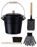 vensovo 1.5 Gallon Ash Bucket with Lid - Shovel, Broom, and Gloves, Heavy Duty Galvanized Iron, Fire-Resistant, Black Finish Perfect for Fireplaces, Fire Pits