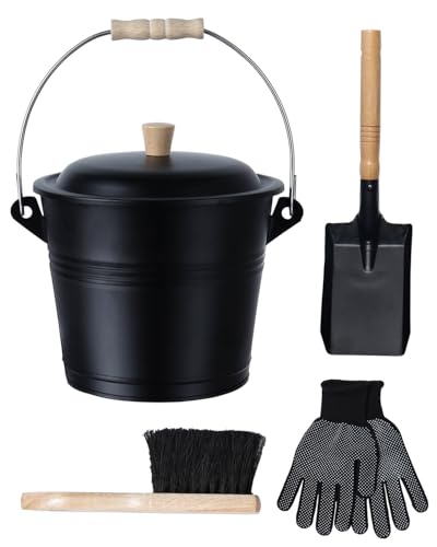 vensovo 1.5 Gallon Ash Bucket with Lid - Shovel, Broom, and Gloves, Heavy Duty Galvanized Iron, Fire-Resistant, Black Finish Perfect for Fireplaces, Fire Pits