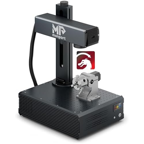 Monport Autofocus 100W MOPA Fiber Laser Engraver with 3D & Deep Engraving, 6.9" x 6.9" Work Area Laser Marking Machine for Metal Color Marking for Aluminum Steel Gold with Rotary Axis & Lightburn