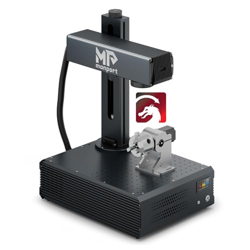Monport Autofocus 100W MOPA Fiber Laser Engraver with 3D & Deep Engraving, 6.9" x 6.9" Work Area Laser Marking Machine for Metal Color Marking for Aluminum Steel Gold with Rotary Axis & Lightburn
