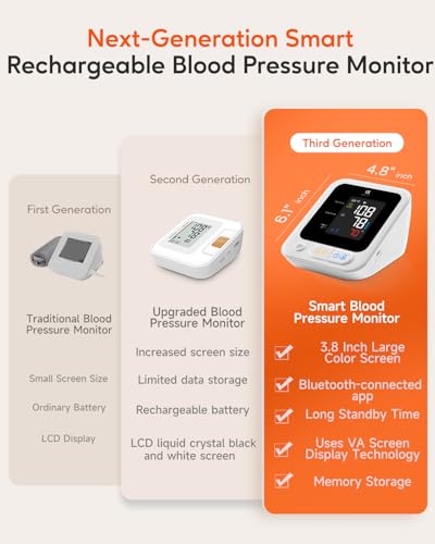 Arboleaf Blood Pressure Monitors for Home Use, Rechargeable Upper Arm Blood Pressure Monitor with Bluetooth App Tracking, Large Color Screen BP Machine, Wide Range Cuff 8.7-18.9\"