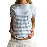 Women Y2k Striped Baby Tees Short Sleeve Fitted T Shirts Vintage Crewneck Going Out Cropped Tops Basic Streetwear (White Blue Cute, S)