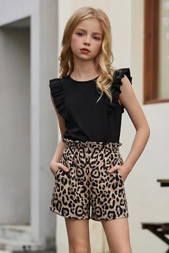Image of Arshiner Girls Clothes Summer Outfits Ruffle Sleeve Tops and Paperbag Waist Shorts with Pockets Kids Clothing Set