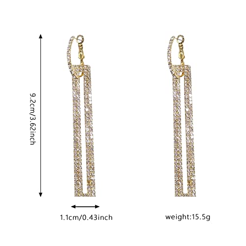 Seakuur Geometric Rectangle Cubic Zirconia Rhinestone Long Drop Dangle Earrings For Women Hypoallergenic Pierced (Gold) #TOP3