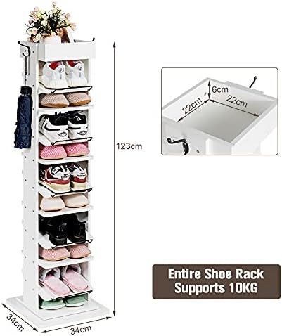 CASART 11 Tiers Shoe Rack, 123 x 34 x 34cm Freestanding 360° Rotating Shoe Storage Shelf with 2 Hooks, Space-Saving Shoe Stand Display Organiser for Entrance Hallway Corner (White)