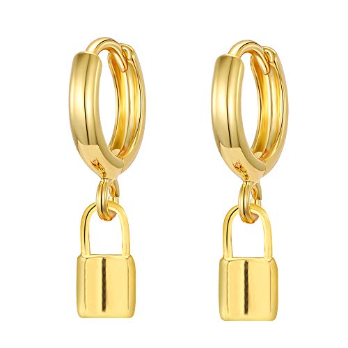 XYJZXY Small Hoop Lock Dangle Drop Hoop Earrings With Small Charm for Women Cute Cartilage Fashion 18K Yellow Gold Plated Vintage Elegant Dangling Jewelry Gifts Birthday