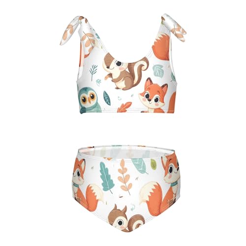 Girls' Bikini Set, Cartoon Rabbit Squirrel Fox Owl Leaf Kids Swimsuit 2 Pcs Beach Bathing Suit