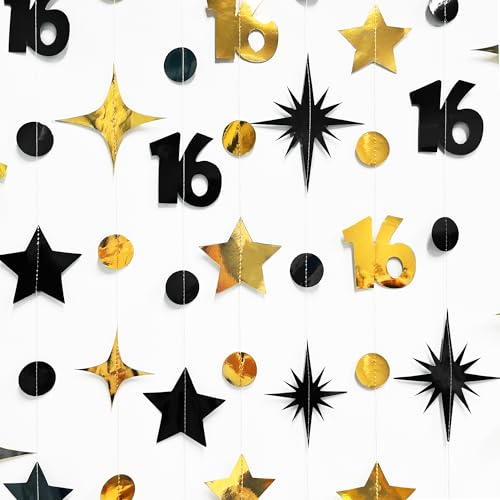 Image of Black Gold 16th Birthday Decorations Number 16 Circle Dot Twinkle Star Garland Streamer Banner Backdrop for Girls Boys Happy 16th Birthday Sweet Sixteen Anniversary Cheers to 16 Years Party Decor