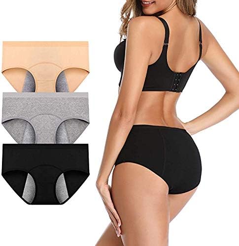 Women's Cotton Spandex Sanitary Period Panties Menstrual Heavy Flow Postpartum Underwear (Pack of 3) Black/Beige/Grey