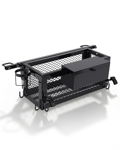 Garvee Heavy Duty Tractor Tool Box Tractor Basket Accessories with Storage Bag Hook and Ratchet Strap 24x10x10in Tractor Basket Attachment Fit for Most Tractors and Zero Turn Mower